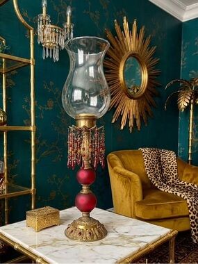 Vintage Hurricane Candle Lamp Brass and Crackle Glass and Bead Prisms Bombay Co.